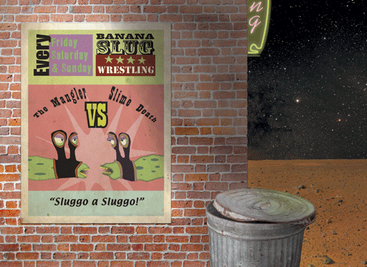 Slug poster on alley wall at night.