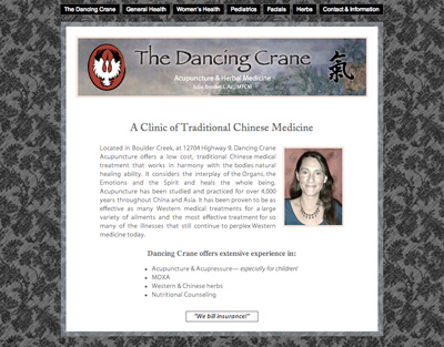 Screen shot of the home page of The Dancing Crane, acupuncture and herbal medicine.